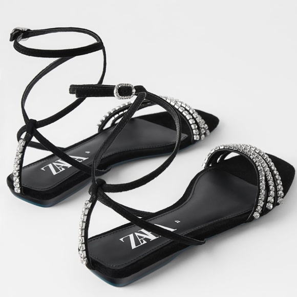 ZARA BLUE COLLECTION LEATHER SUEDE GEM EMBELLISHED FLAT SANDALS - Picture 3 of 7